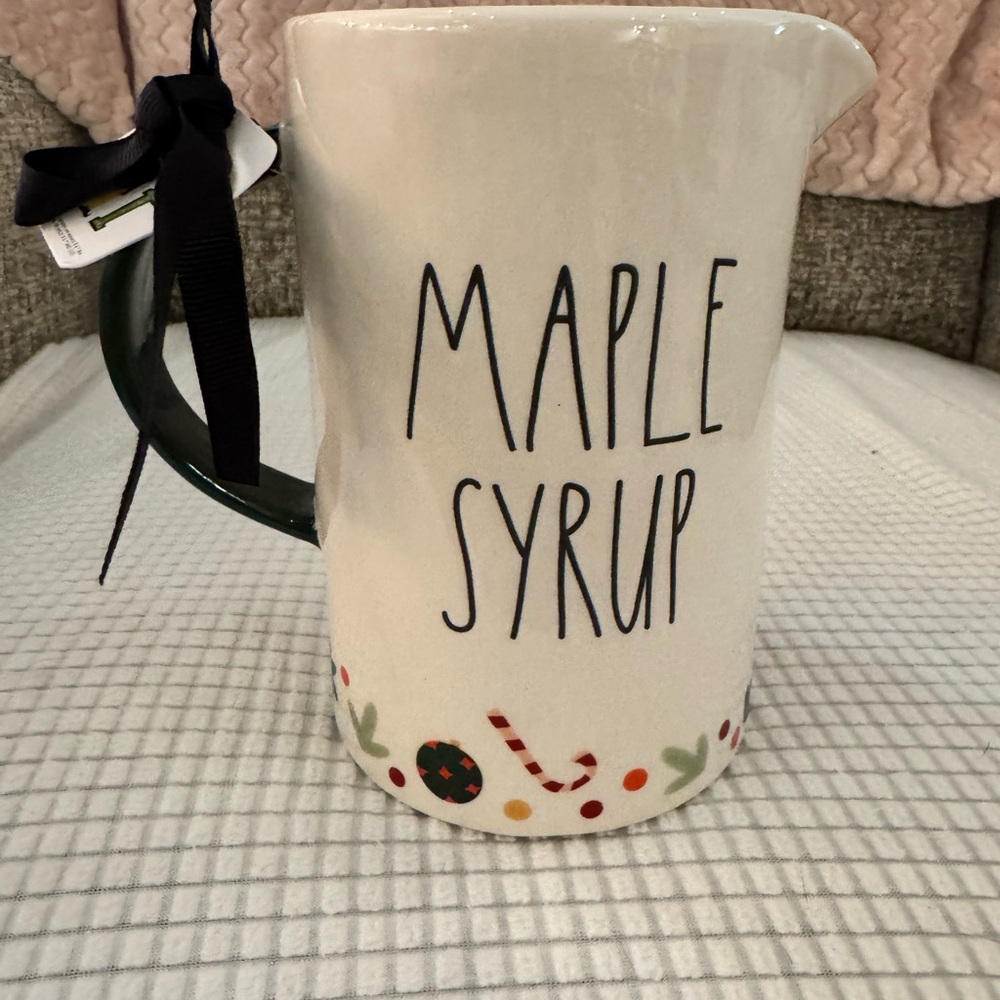 Rae Dunn Cream and Green Maple Syrup Pitcher - Double sided with Elf Picture.